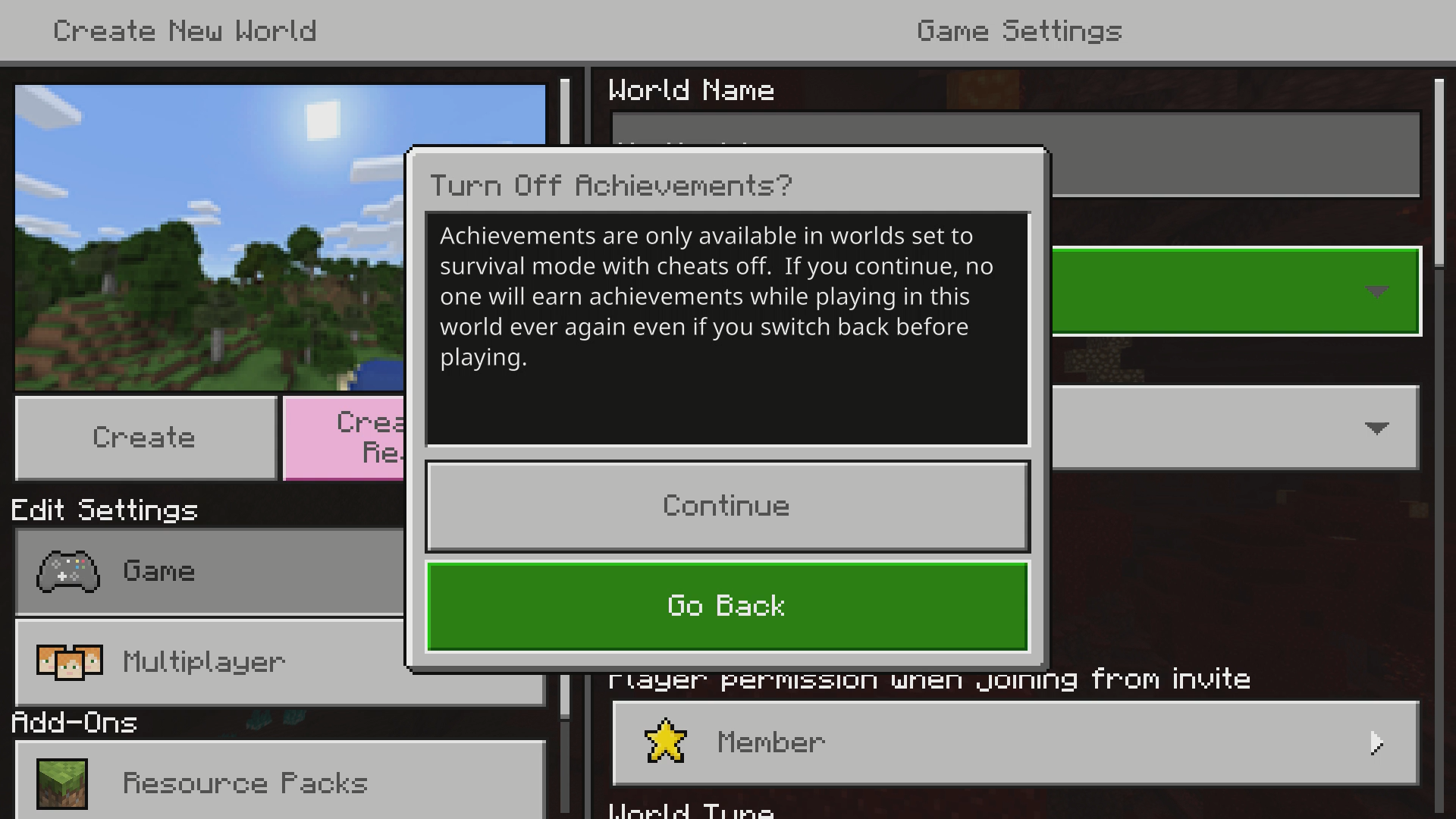 A screenshot of the “Create New World” menu in Minecraft. There's a dialog box on screen that says, “Achievements are only available in worlds set to survival mode with cheats off. If you continue, no one will earn achievements while playing in this world ever again even if you switch back before playing.” There’s an option to select “continue” or “go back.