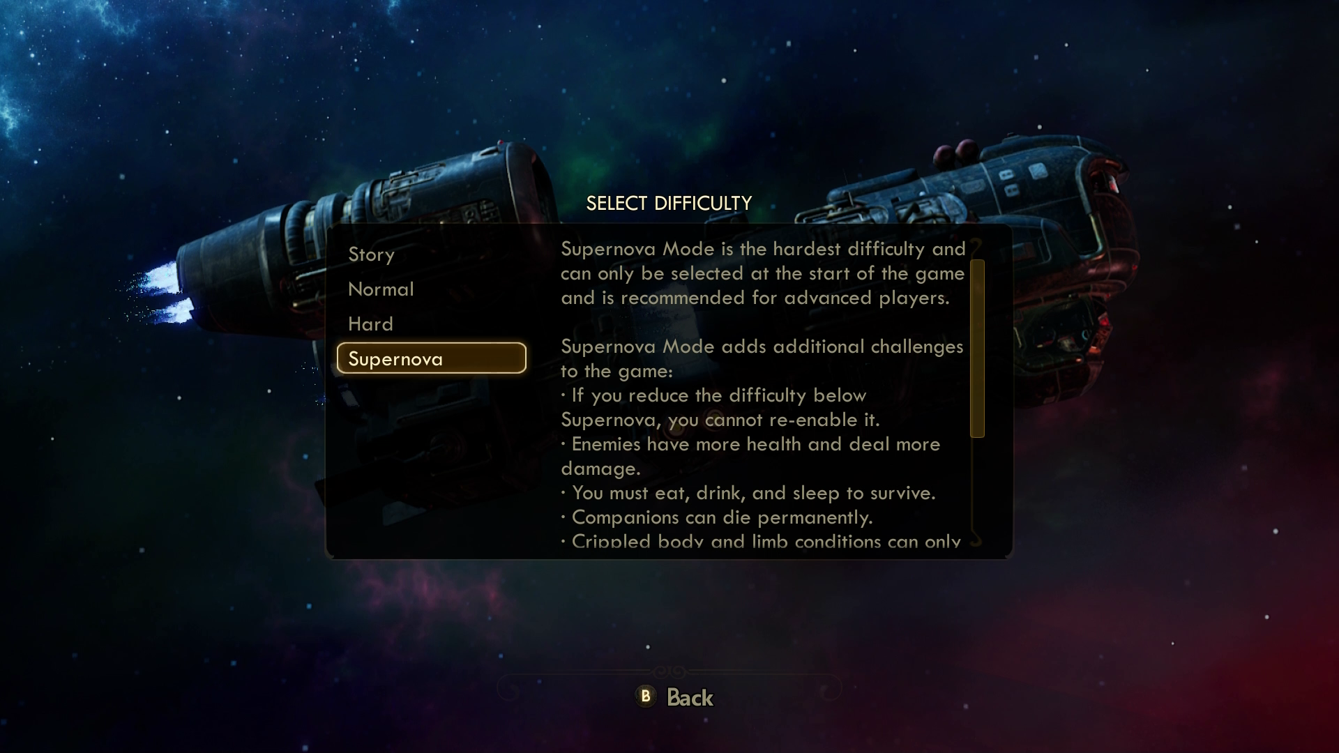 A screenshot of the difficulty menu from The Outer Worlds. The "Supernova" option is selected. It's accompanied by a large body of text that explains difficulty expectations for this mode.