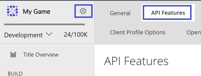 API feature tab in Game Manager