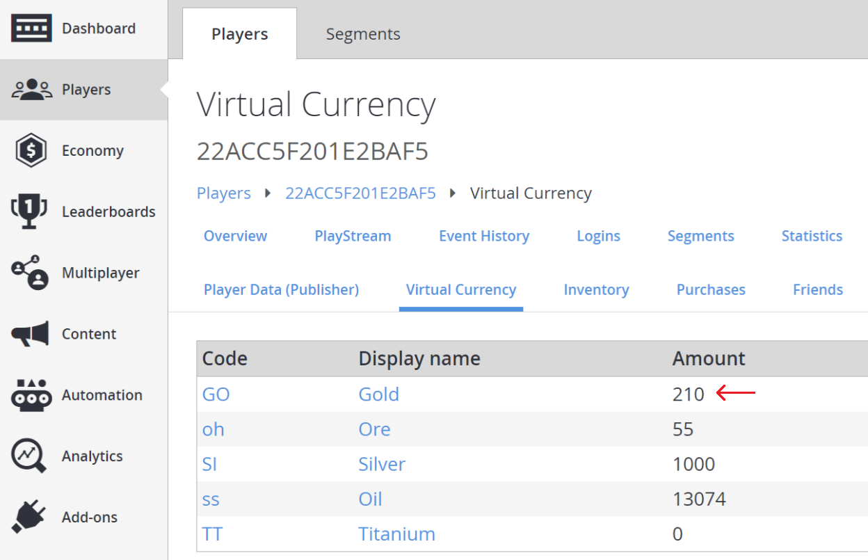 Game Manager - Player1 - Check Virtual Currency Amount