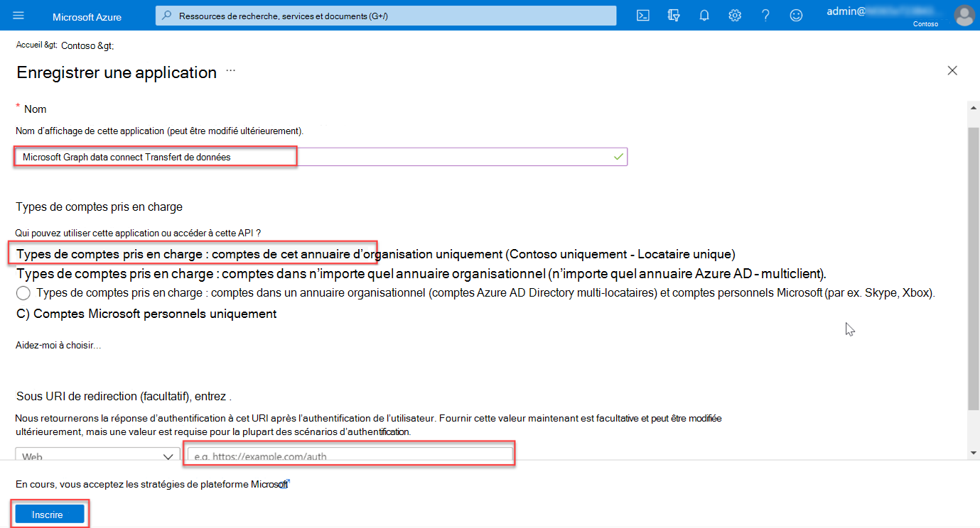 Capture d’écran montrant les étapes d’inscription d’une nouvelle inscription d’application dans le Portail Azure.