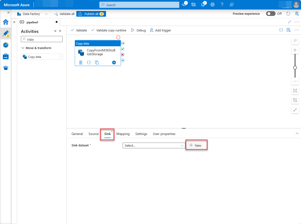 Capture d’écran de la page de ressources Portail Azure Factory avec l’onglet Récepteur mis en évidence.