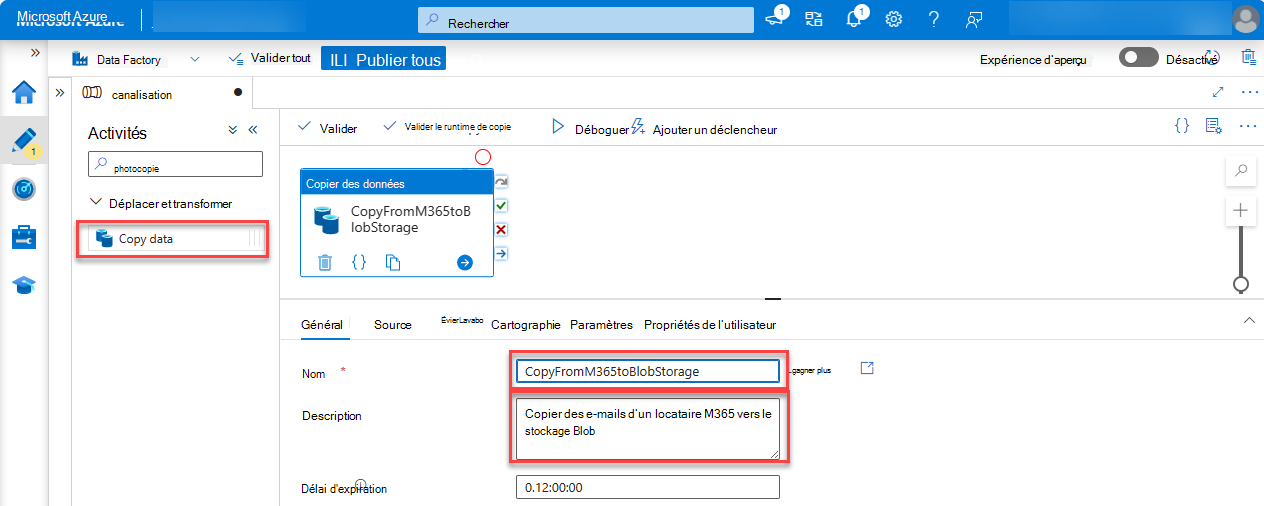 Capture d’écran de la page du service Portail Azure Data Factory avec les champs Copier les données, Nom et Description mis en évidence.