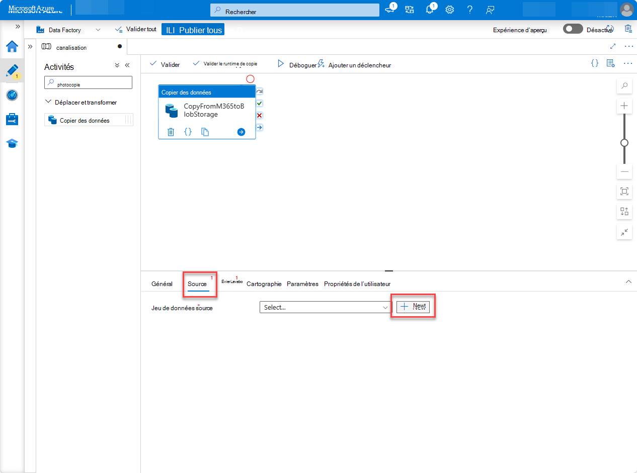 Capture d’écran de la page du service Portail Azure Data Factory avec la création d’une source de pipeline.