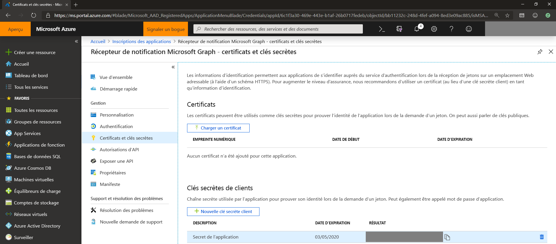 Capture d’écran des certificats et secrets d’application dans le centre d’administration Microsoft Entra