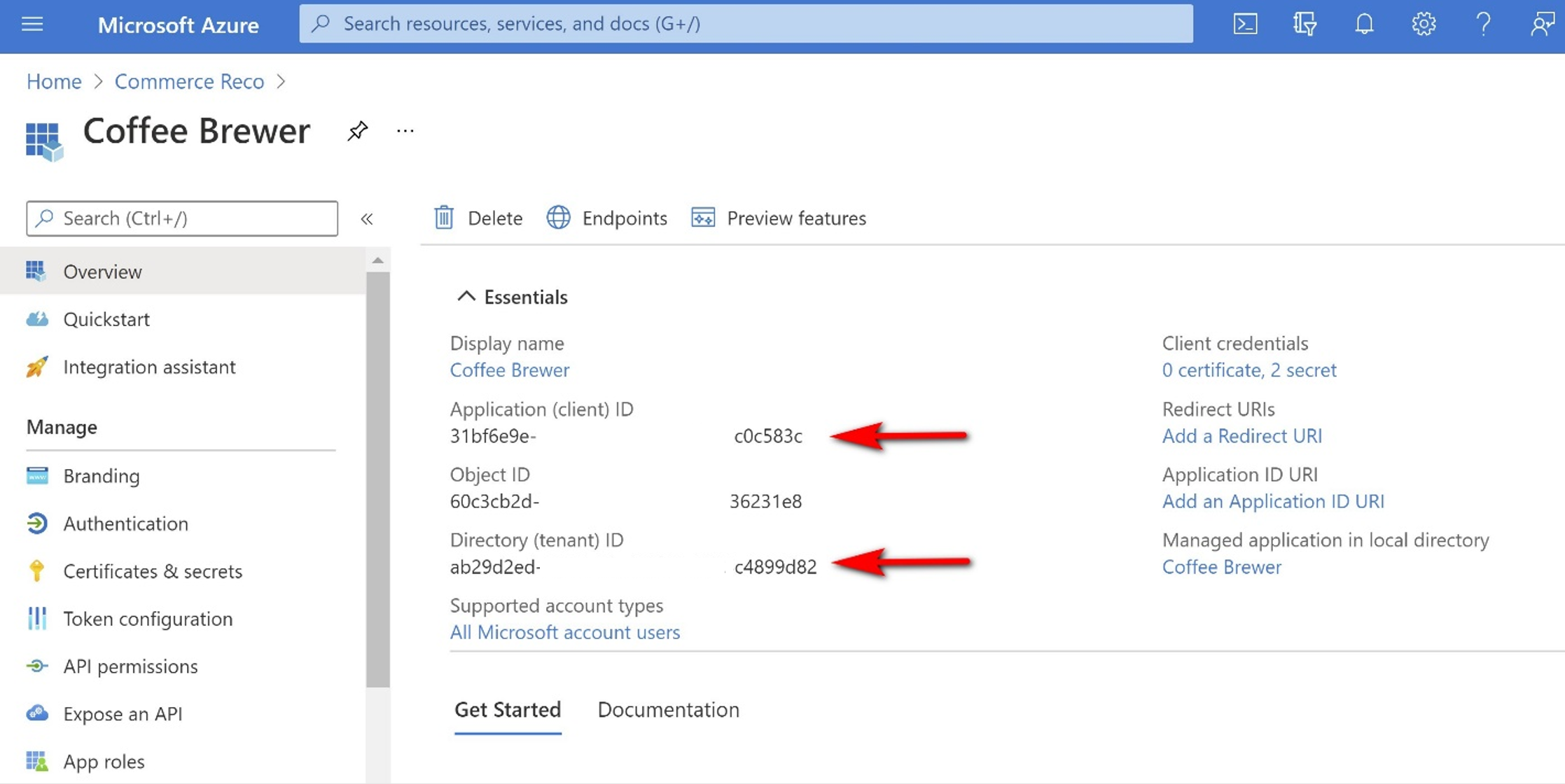 Localisez l’ID client et l’ID locataire dans les propriétés de l’application de votre application Microsoft Entra ID.