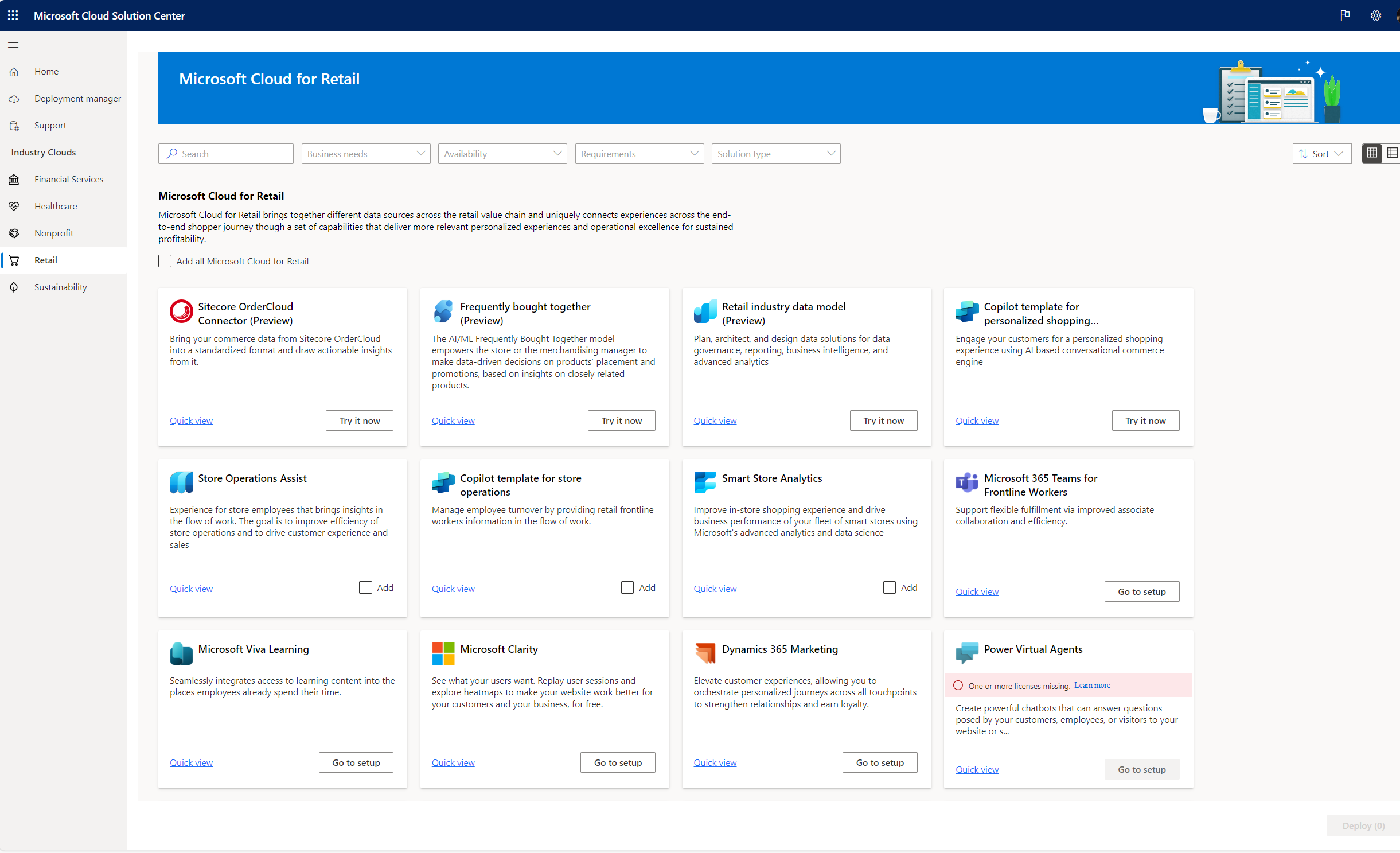 L’image affiche les solutions dans Microsoft Cloud for Retail.