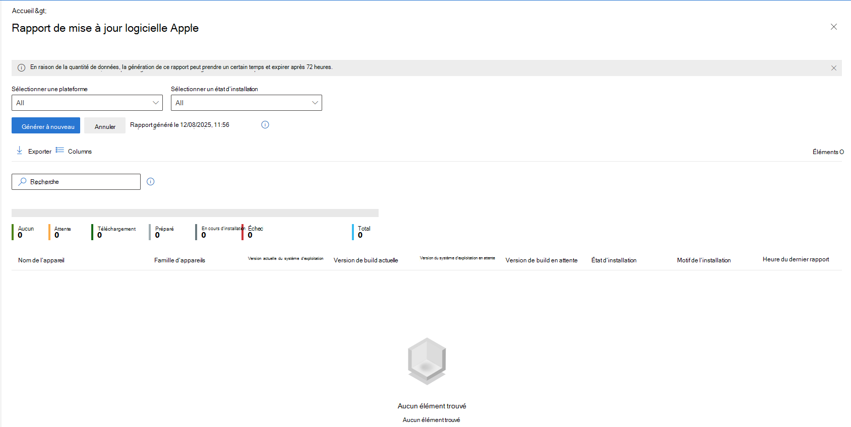 Capture d’écran montrant le rapport de mise à jour logicielle Apple.