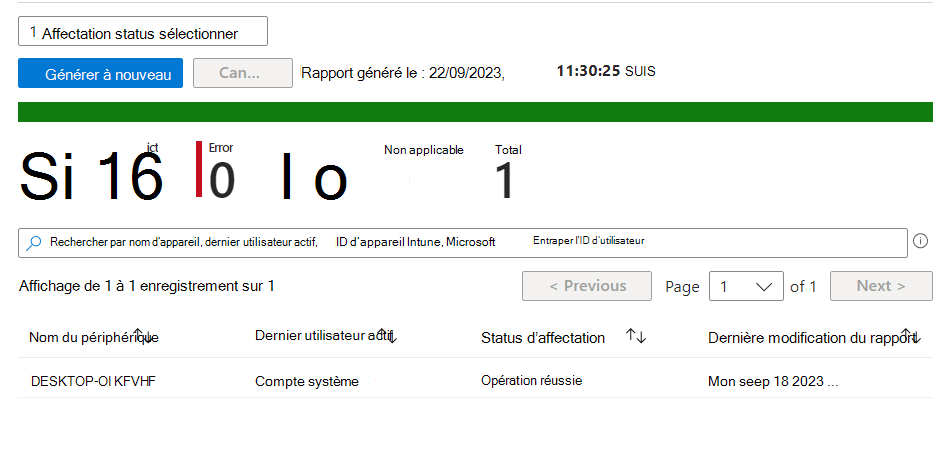 Image des résultats du rapport affectation status.