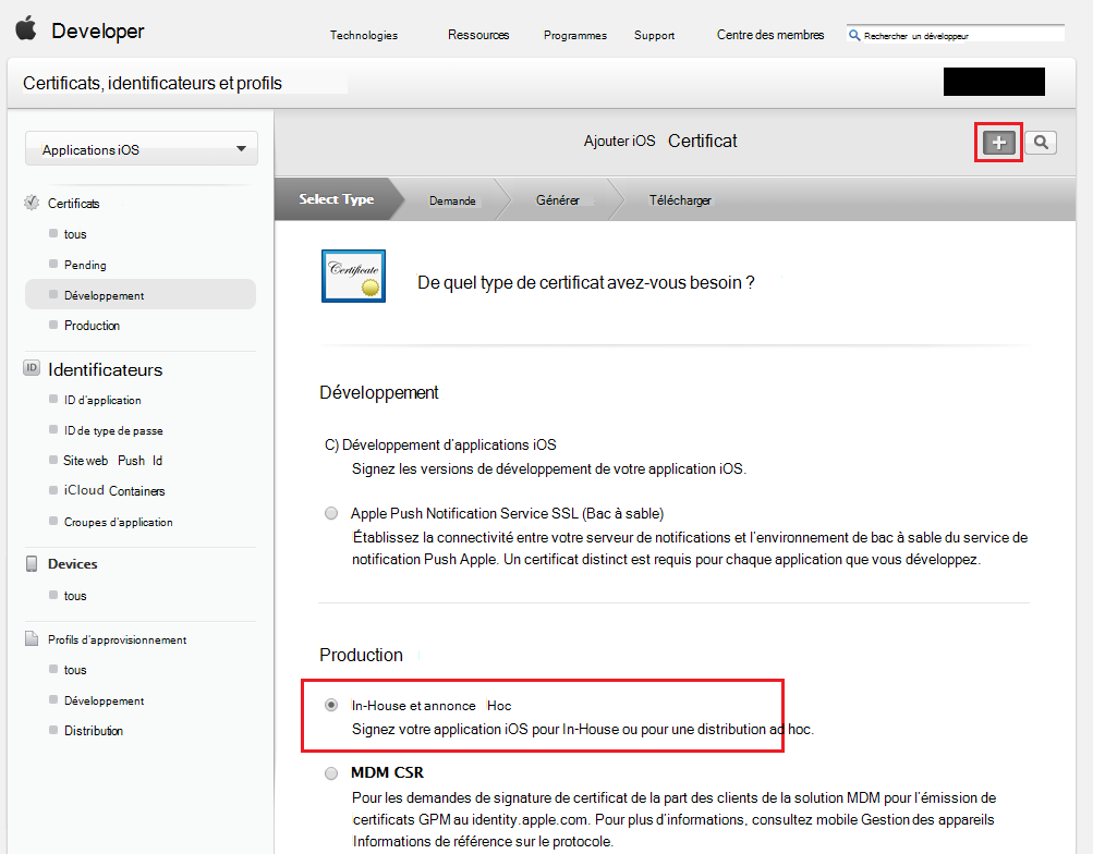 Sélectionner In-House et certificat ad hoc