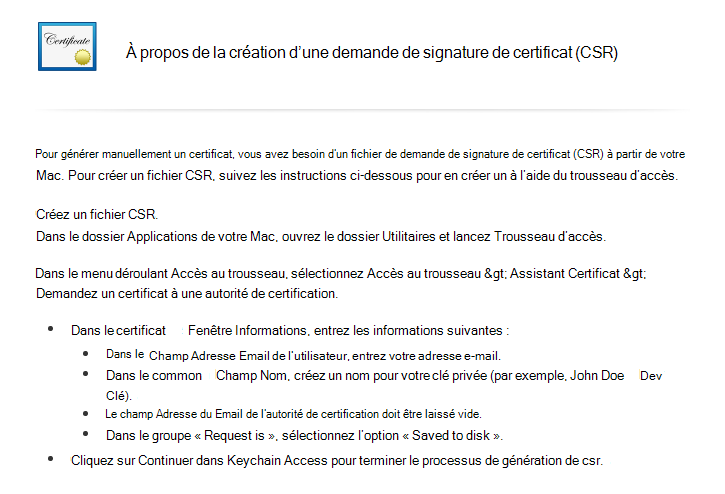 Lire les instructions pour créer une demande de signature de certificat