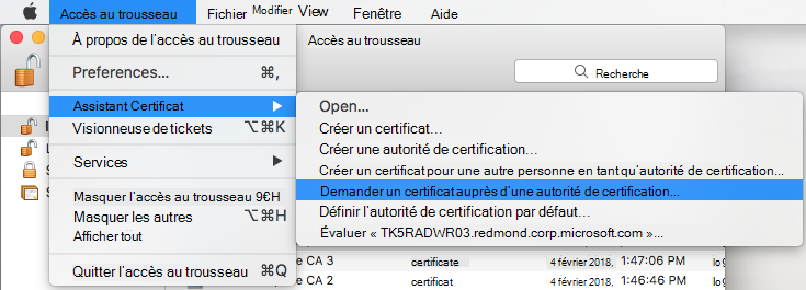 Demander un certificat à une autorité de certification dans trousseau d’accès