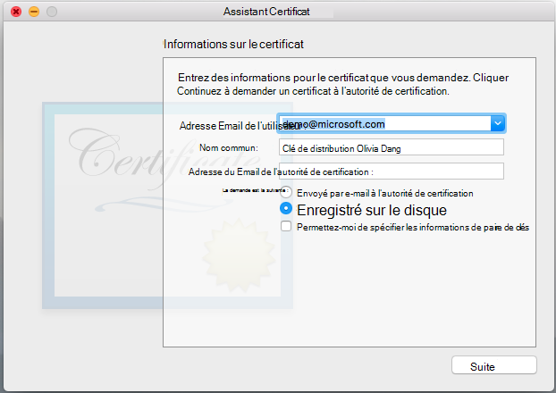 Entrez les informations pour le certificat que vous demandez