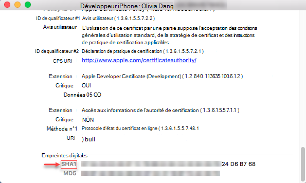 Informations sur iPhone - Chaîne SHA1 d’empreintes digitales