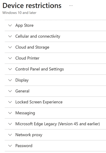 Tous les paramètres de restrictions d’appareil pour les appareils Windows dans Microsoft Intune.