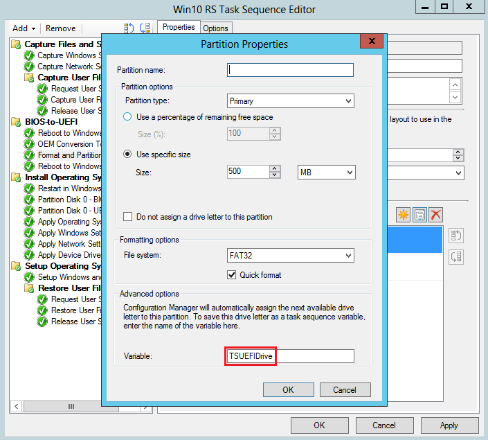 Configuration des propriétés de partition FAT32.