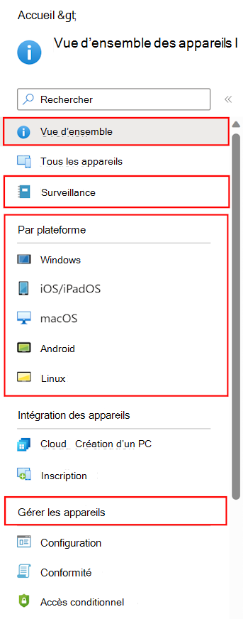 Capture d’écran montrant comment sélectionner Appareils pour voir ce que vous pouvez configurer et gérer dans Microsoft Intune.