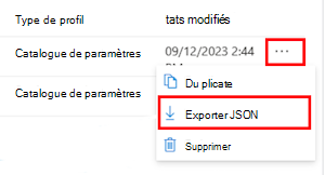 Capture d’écran montrant comment exporter une stratégie de catalogue de paramètres au format JSON dans Microsoft Intune et le Centre d’administration Intune.