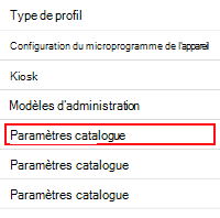 Capture d’écran montrant comment ouvrir le catalogue de paramètres dans Microsoft Intune et le Centre d’administration Intune.
