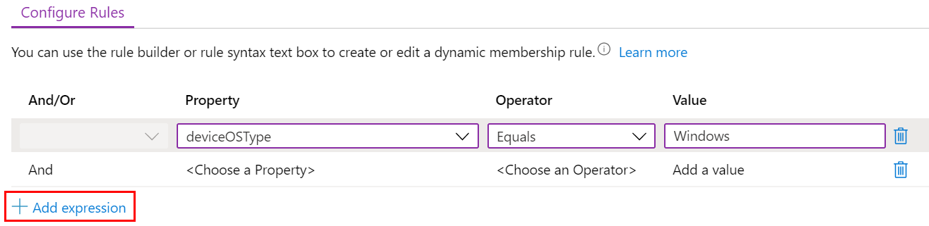 Capture d’écran montrant comment créer une requête dynamique et ajouter des expressions dans un modèle d’administration Microsoft Intune.