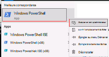 Capture d’écran montrant comment exécuter Windows PowerShell en tant qu’administrateur.