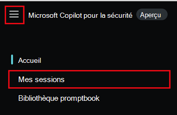Capture d’écran montrant le menu Microsoft Copilot pour la sécurité et Mes sessions avec les sessions précédentes dans le portail Copilot for Security.