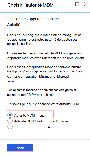 Image du panneau Sélectionner une autorité MDM