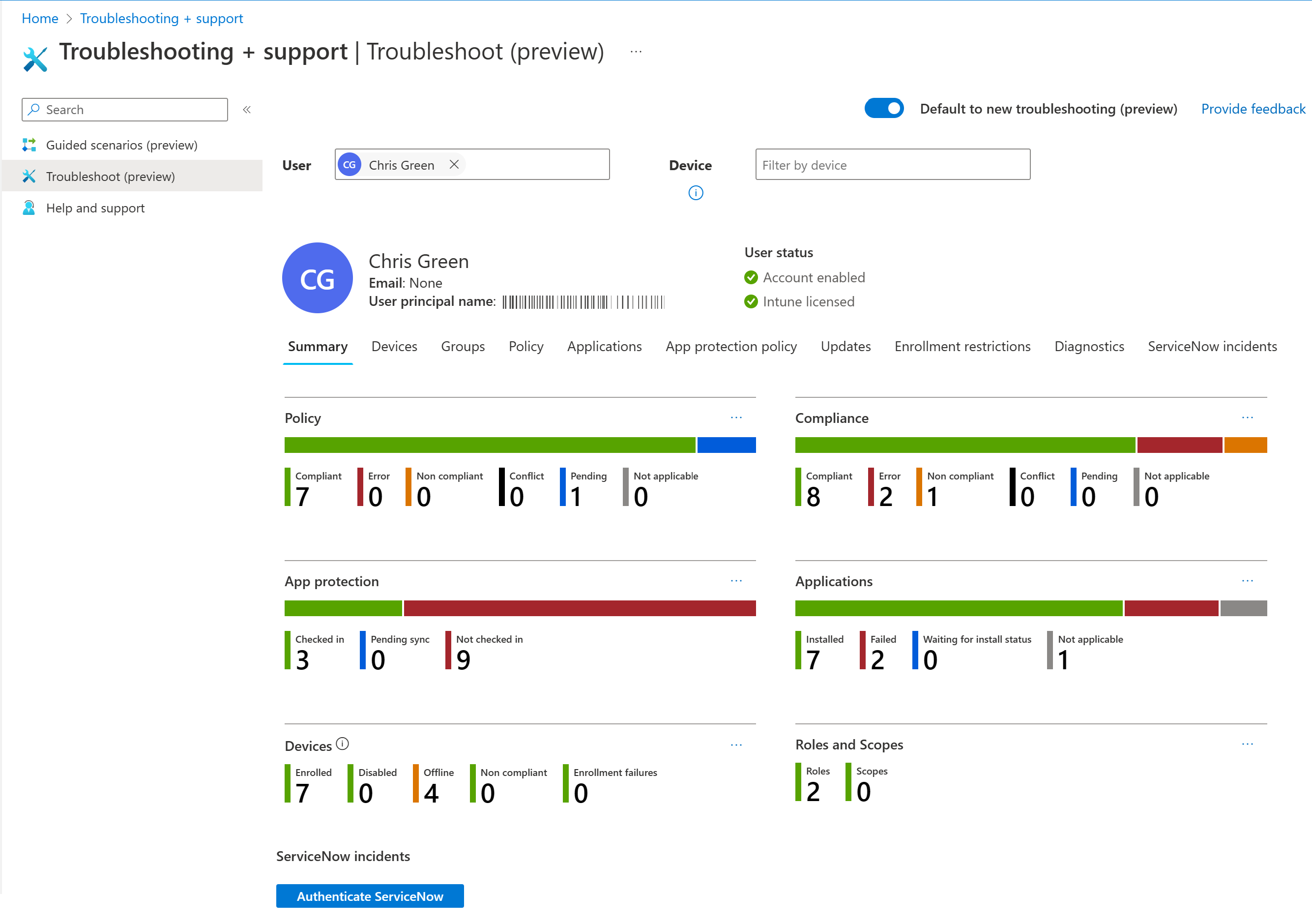 Capture d’écran montrant le tableau de bord de résolution des problèmes Intune avec l’onglet Résumé et les détails de l’utilisateur sélectionné