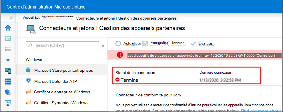 État de connexion Terminée