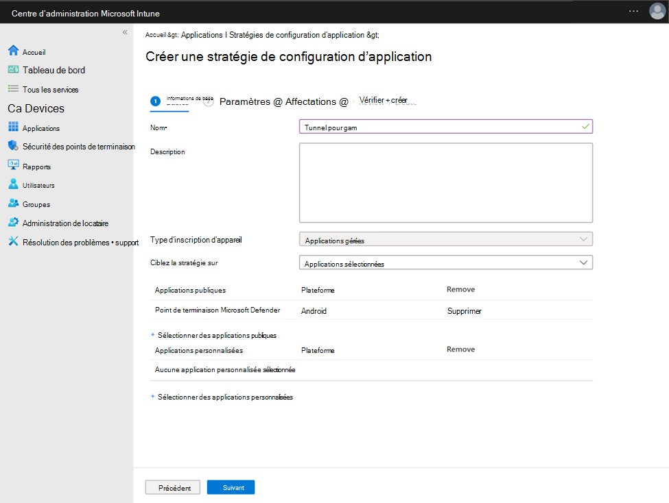 Capture d’écran de la configuration d’une stratégie de configuration d’application avec Microsoft Defender Endpoint en tant qu’application publique.