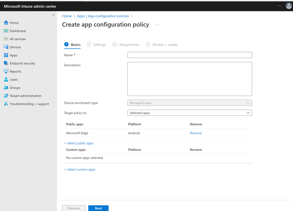 Capture d’écran de la configuration d’une stratégie de configuration d’application avec Microsoft Edge en tant qu’application publique.