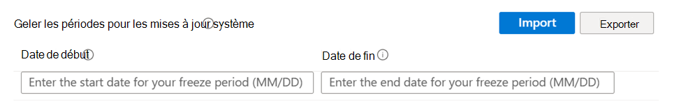 Capture d’écran montrant la date de début et la date de fin de la période de gel pour les appareils Android Enterprise dans le Centre d’administration Microsoft Intune.