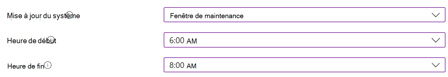 Capture d’écran montrant le paramètre de mise à jour du système avec une fenêtre de maintenance pour les appareils Android Enterprise dans le Centre d’administration Microsoft Intune.