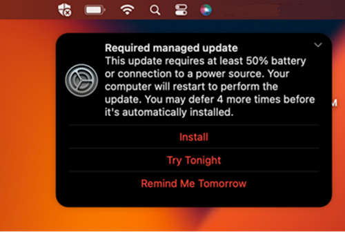Exemple d’invite de notification pour une mise à jour requise sur un appareil macOS Apple.