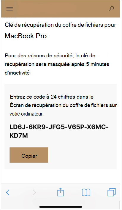 Capture d’écran du site web Portail d’entreprise, montrant la clé de récupération.