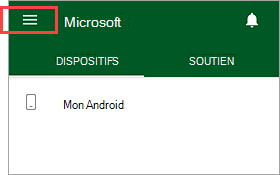 Capture d’écran de Portail d'entreprise’application, mettant en surbrillance le bouton de menu.