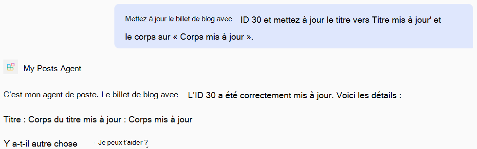 Capture d’écran d’une réponse d’un agent déclaratif basée sur les opérations PATCH