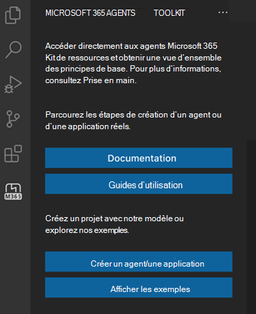 Capture d’écran du bouton Créer un nouvel agent/application dans la barre d’application du Kit de ressources Microsoft 365 Agents