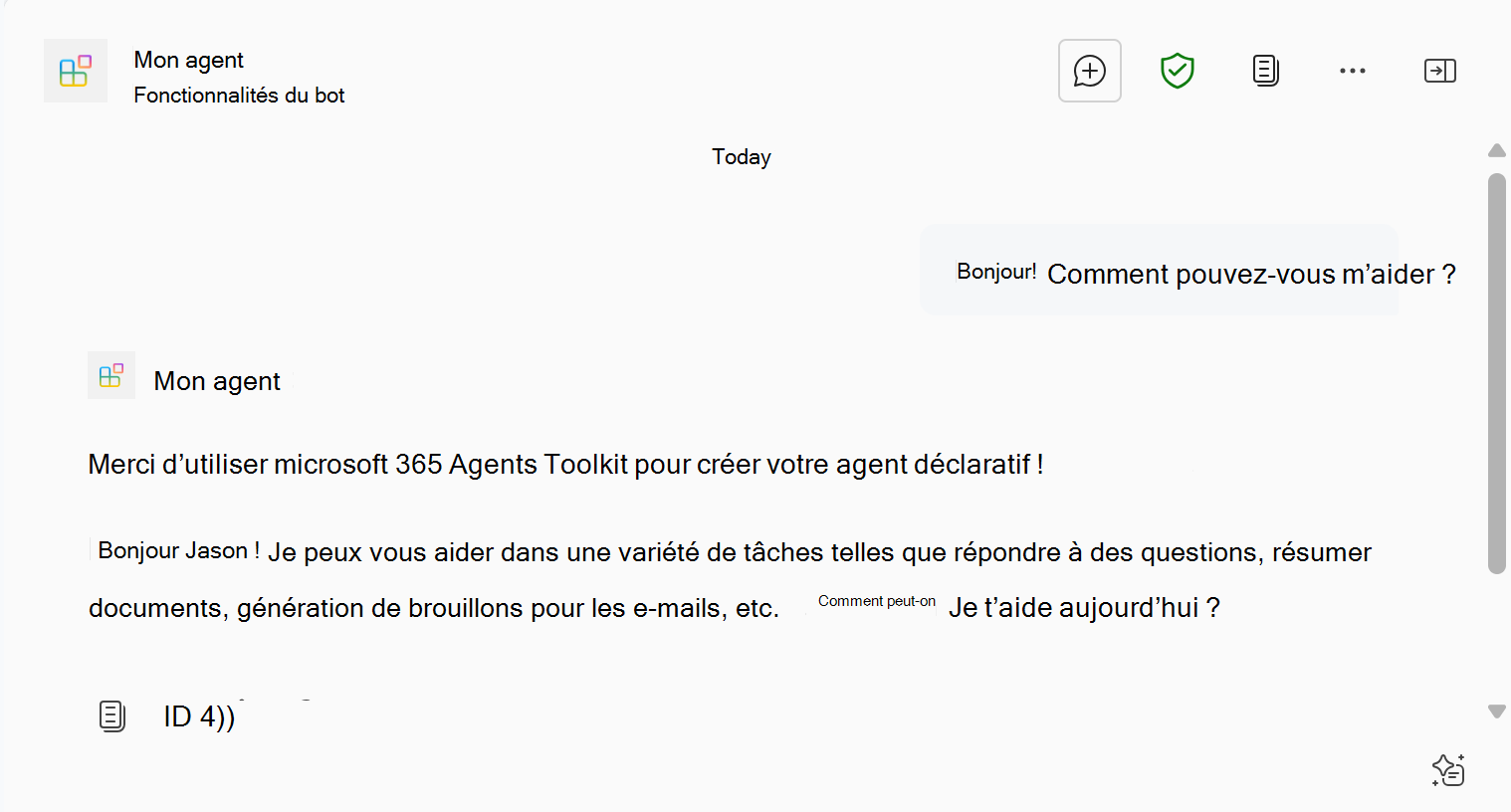 Capture d’écran montrant la réponse de l’agent déclaratif dans Microsoft 365 Copilot.