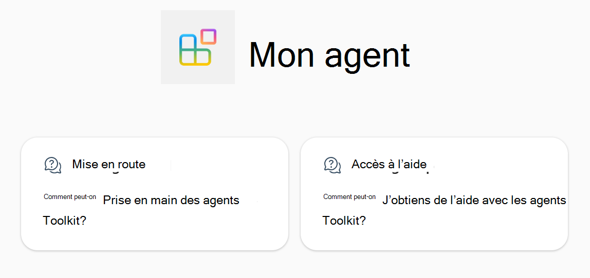 Capture d’écran montrant les amorces de conversation de l’agent déclaratif dans Microsoft 365 Copilot
