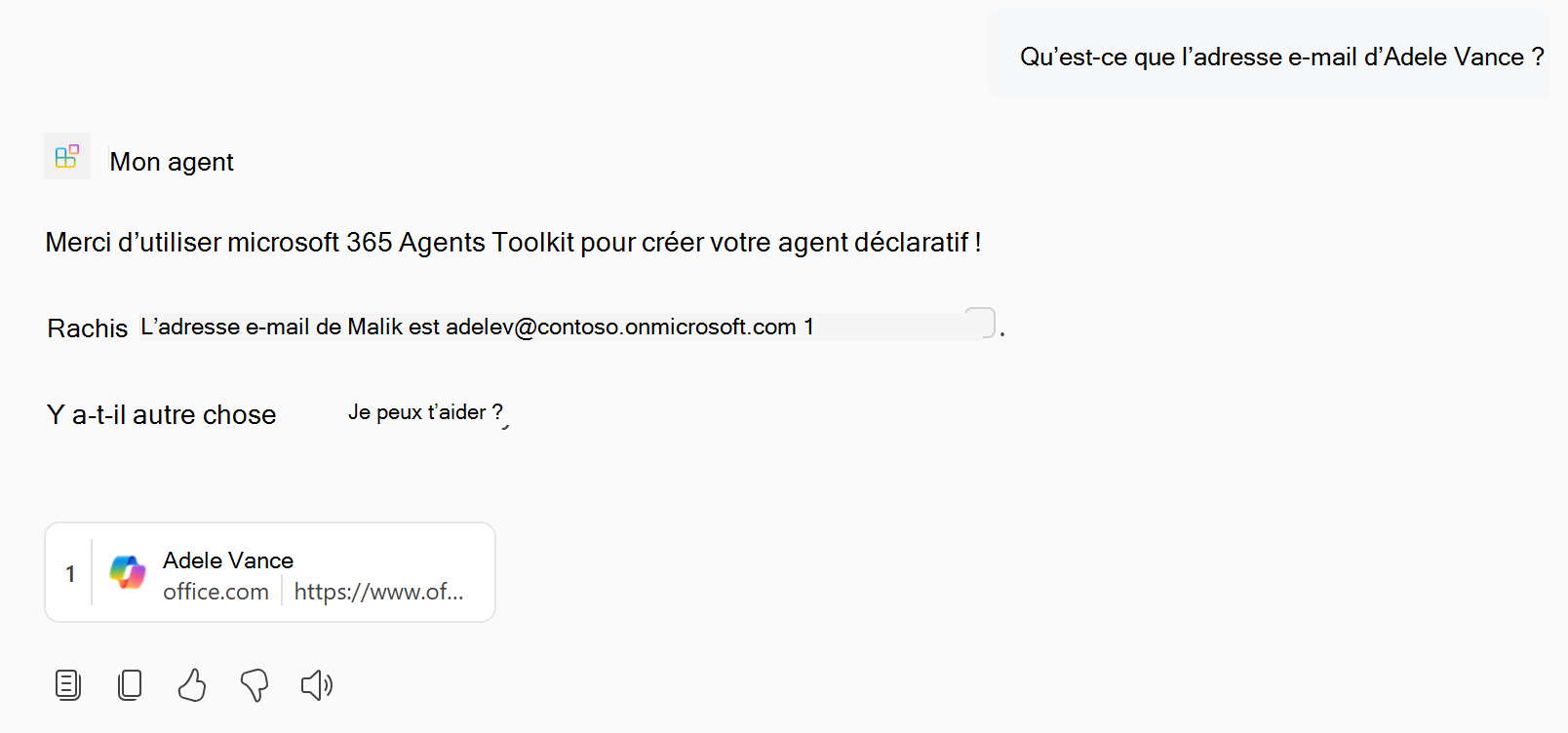 Capture d’écran montrant une réponse de l’agent déclaratif qui contient des informations sur les personnes