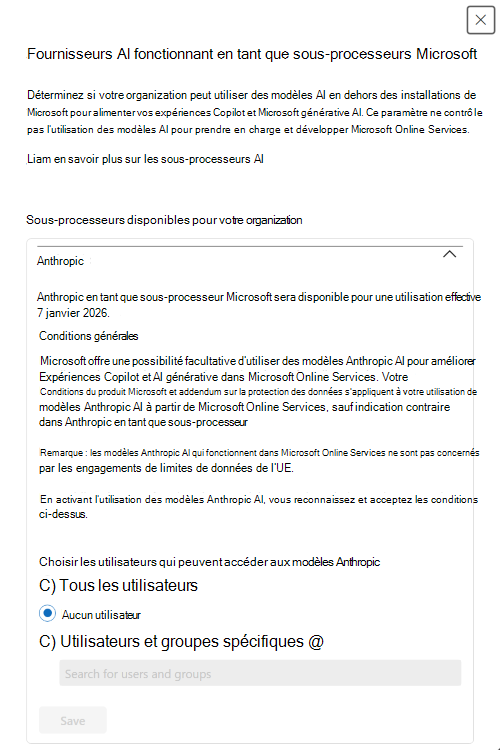 Capture d’écran du choix dans l’interface utilisateur du Centre d’administration Microsoft 365 pour utiliser les modèles Anthropic