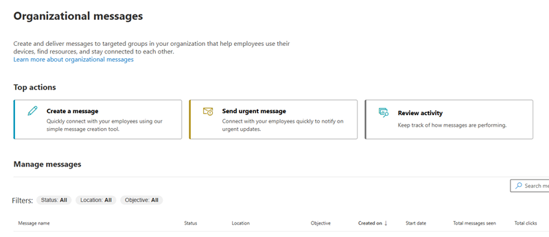 Image de la page Messages de l’organisation dans laquelle vous pouvez créer un message personnalisé.