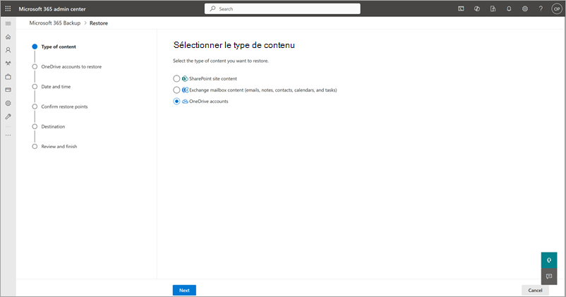 Capture d’écran montrant la page Sélectionner le type de contenu avec les comptes OneDrive sélectionnés.