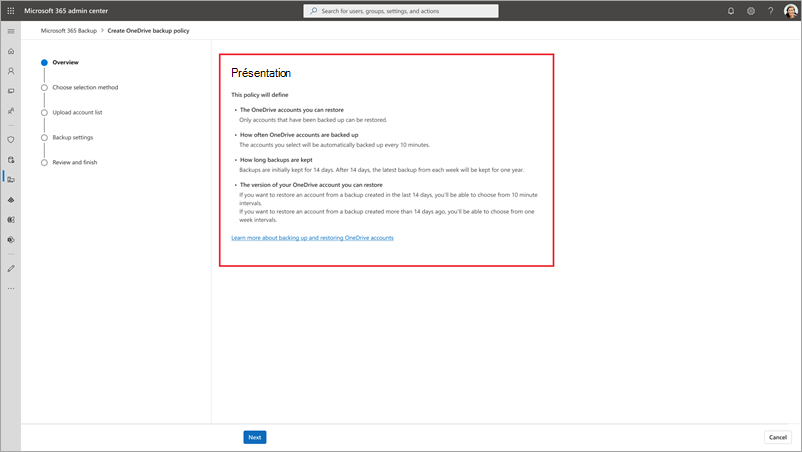 Capture d’écran de la page Vue d’ensemble de OneDrive.