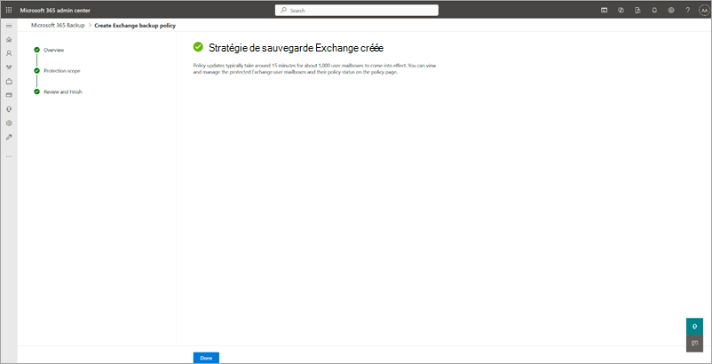 Capture d’écran de la page de création de la stratégie de sauvegarde Exchange.