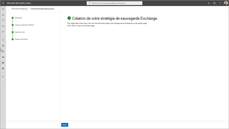 Capture d’écran de la page de création de la stratégie de sauvegarde Exchange.