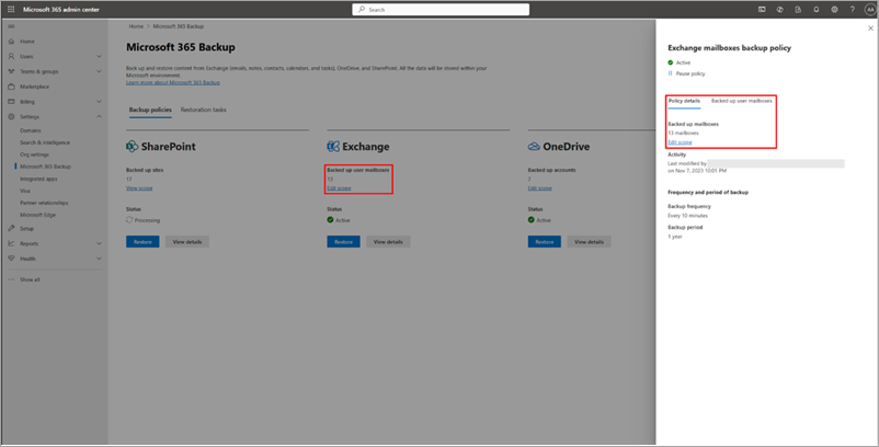 Capture d’écran montrant l’affichage et la modification de la stratégie de sauvegarde pour Exchange dans le Centre d'administration Microsoft 365.