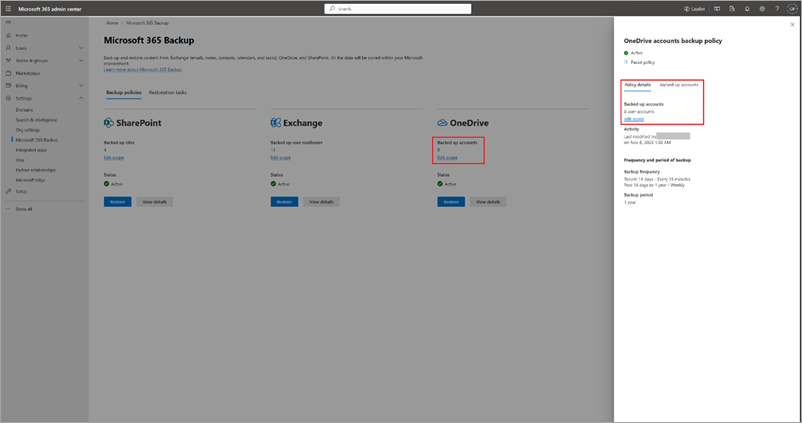 Capture d’écran montrant l’affichage et la modification de la stratégie de sauvegarde pour OneDrive dans le Centre d'administration Microsoft 365.