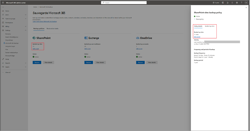 Capture d’écran montrant l’affichage et la modification de la stratégie de sauvegarde pour SharePoint dans le Centre d'administration Microsoft 365.